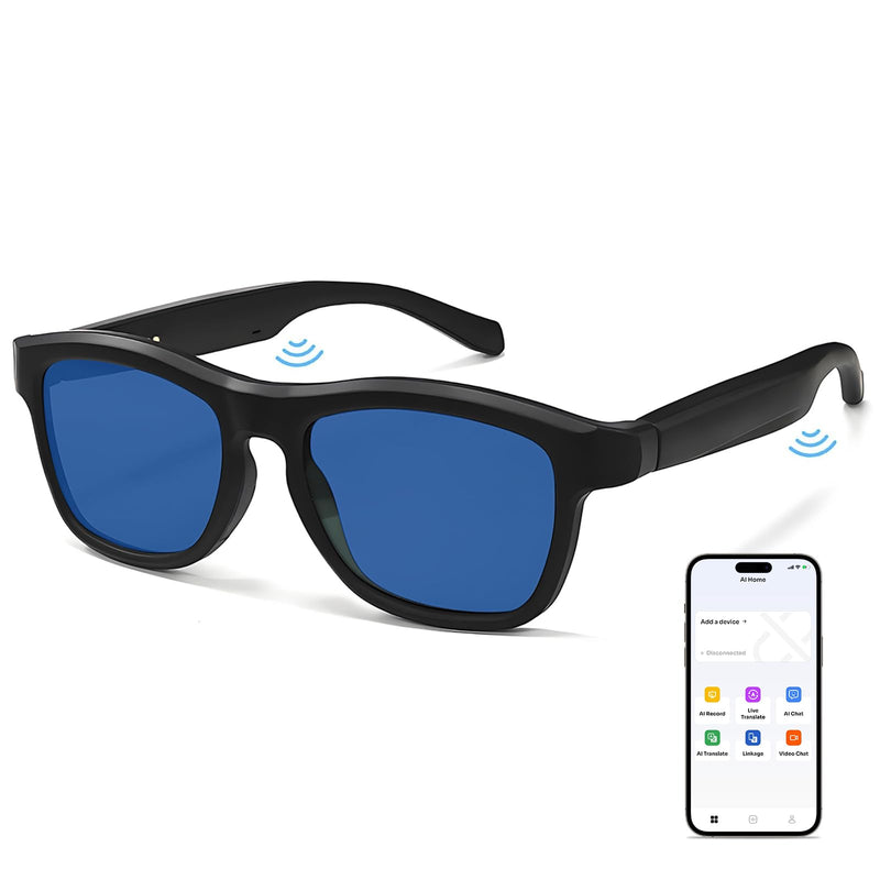 AI Smart Bluetooth 5.4 Glasses for Men Women,140+Languages (Black Blue) | Real-Time Two-Way Translate,UV Protection&Anti-Glare,Touch Control,for Sports,Travel,Driving,Business Black Frame Blue Lens