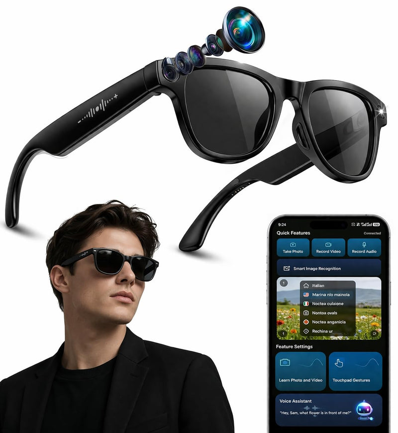 2026 AI Smart Glasses with 8MP 4K Camera, Video Recording Glasses with Photo, Real-Time Translation in 139 Languages, ChatGPT Voice Assistant, Open-Ear Bluetooth Headphones, Travel, Meetings & Vlog