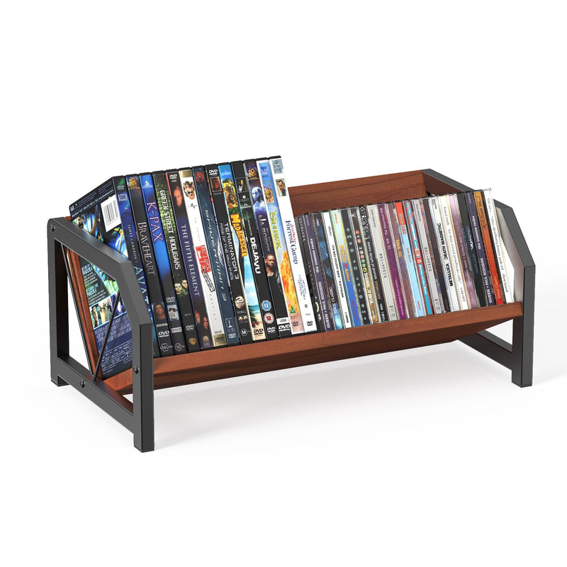 CD Holder Rack, Tilting DVD Storage Shelf for Tower Small Space | Store Up to 38 CDs and 30 DVDs, Desktop Bookshelf Organizer, Easy Acess, Sturdy Metal & Wood Construction, Portable Angle Brown-1 Tier