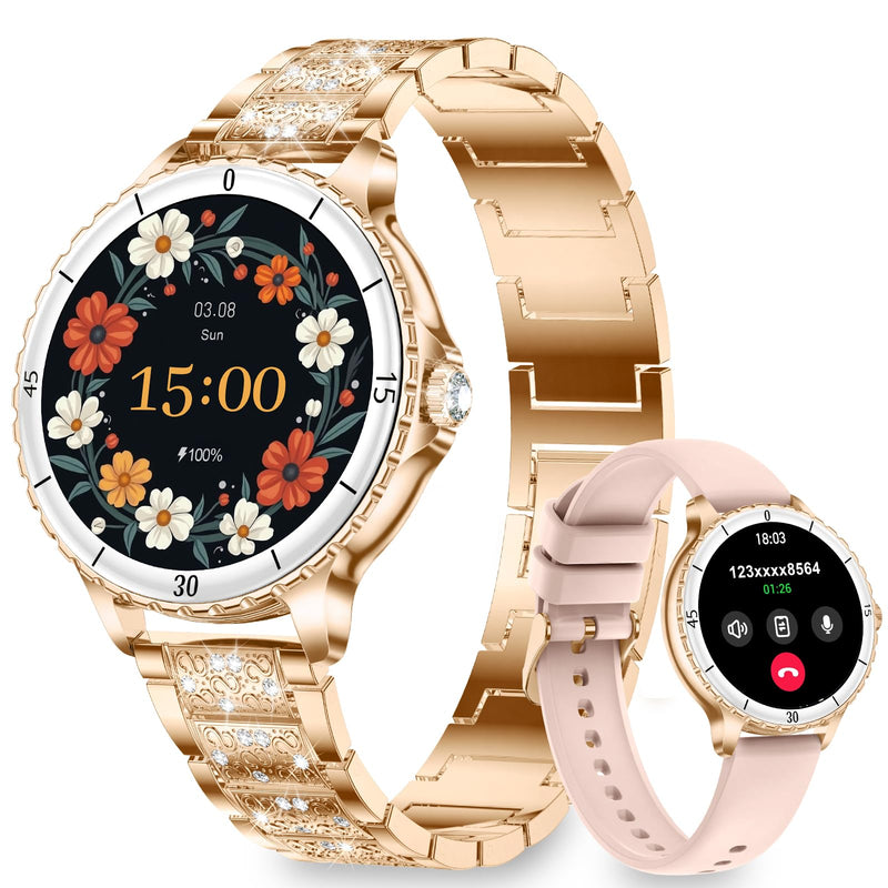 Smart Watches for Women(Answer/Make Call) with Diamond, 1.27" HD Bluetooth Smartwatch for Android iOS Phones, IP68 Fitness Tracker with Heart Rate SpO2 Sleep Monitor, 120+ Sport, Rosegold Rose Gold