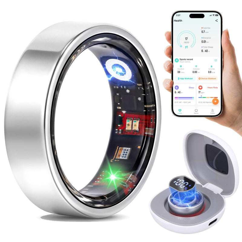 Smart Ring Fitness & Sleep Tracker HR Monitor (Silver, 8) | Women's Health,No subscription,IP68 Waterproof, 3-5 day Battery Life, Remote photography, Size Before You Buy Silver