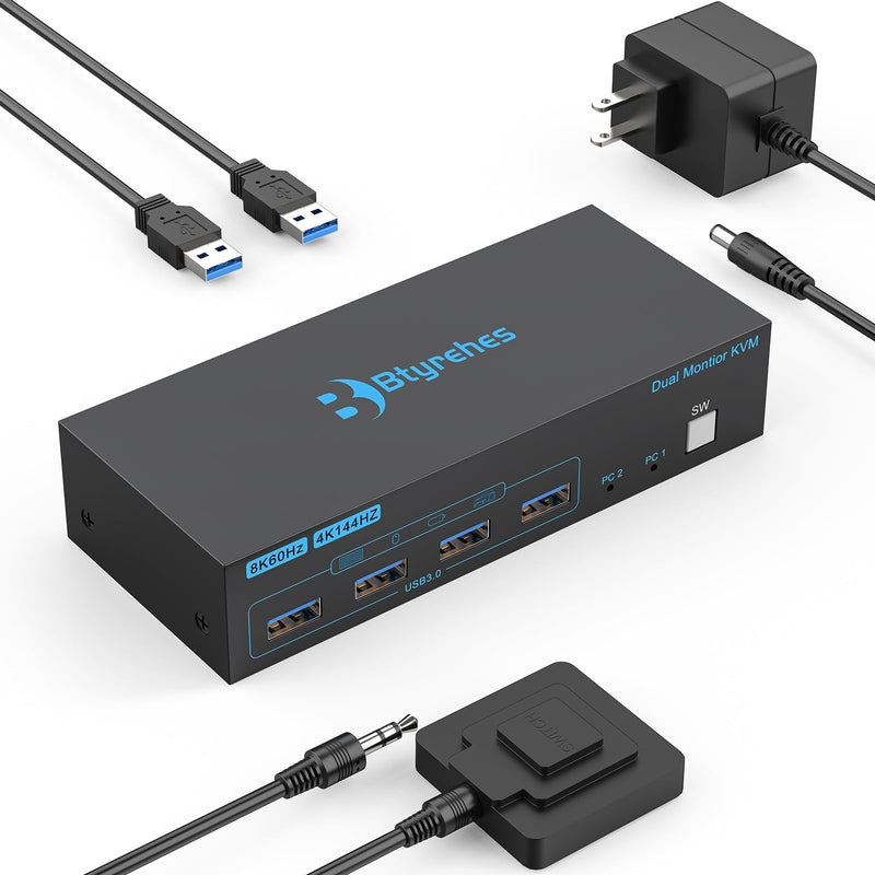 8K HDMI KVM Switch 2 Monitors 2 Computers,Dual Monitor KVM Switches | 8K@60Hz 2 Ports for 2 PC Sharing 4 USB3.0 Port,2 Monitors,Keyboard and Mouse with 2 USB3.0 Cables,Remote Button Plug&play Black HDMI (2 PC 2 Monitors)