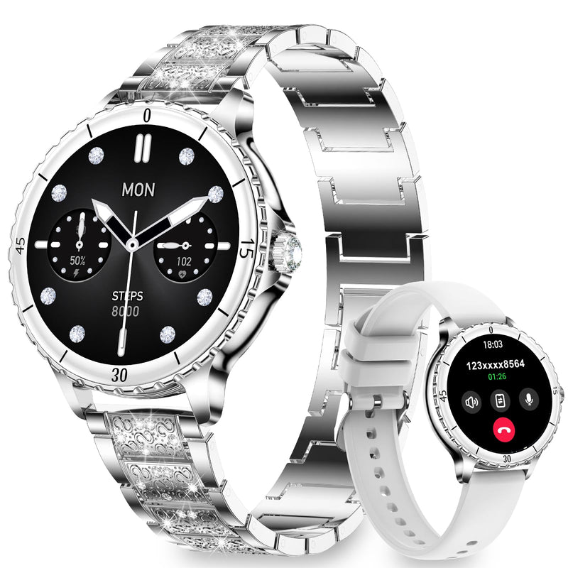 Smart Watches for Women(Answer/Make Call) with Diamond, 1.27" HD Bluetooth Smartwatch for Android iOS Phones, IP68 Fitness Tracker with Heart Rate, SpO2, Sleep Monitor, 120+ Sports, Silver