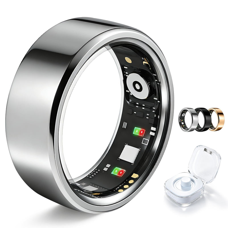 Smart Ring for Women Men Fitness Tracker Heart Rate Sleep Trends 128 Sports Modes Gesture Control Cycle Tracking IP68 Waterproof No Subscription Compatible with iPhone Android (Silver, Size 9)