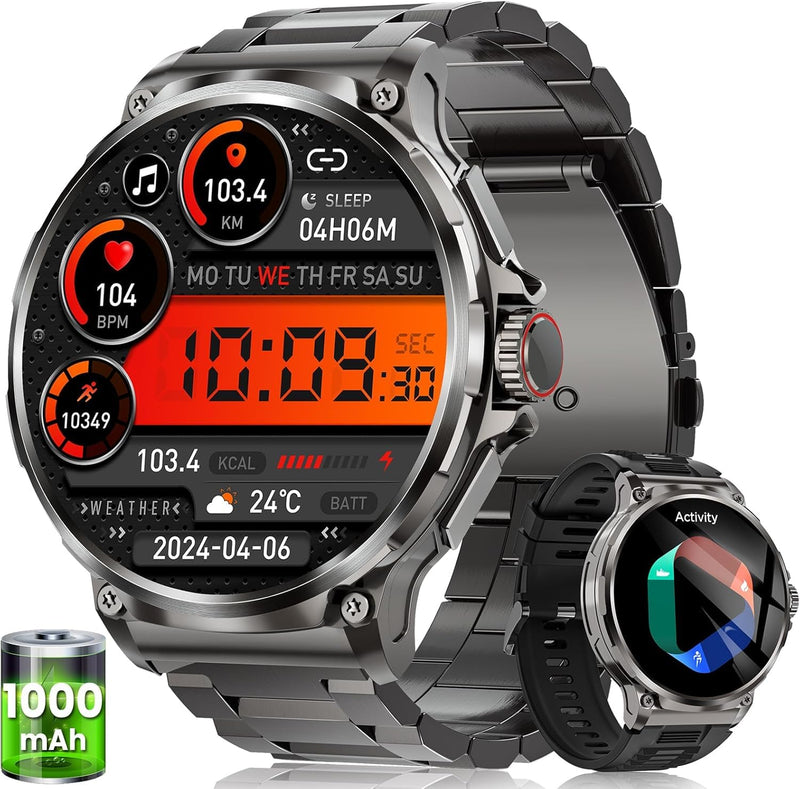 LIGE Smart Watch for Men with 1000mAh Battery/Flashlight, 1.85'' Military Smartwatch with 5ATM Waterproof/Heart Rate/Sleep Monitor,Answer Make Calls Fitness Tracker for Android iPhone Black