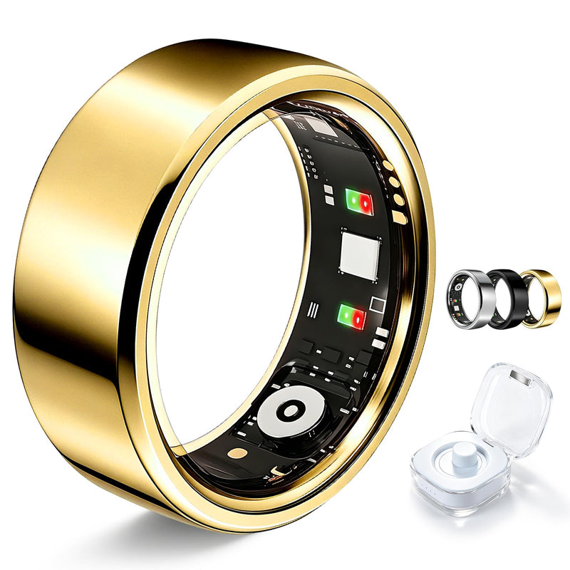 Smart Ring for Women Men Fitness Tracker Heart Rate Sleep Trends 128 Sports Modes Gesture Control Cycle Tracking IP68 Waterproof No Subscription Compatible with iPhone Android (Gold, Size 11)