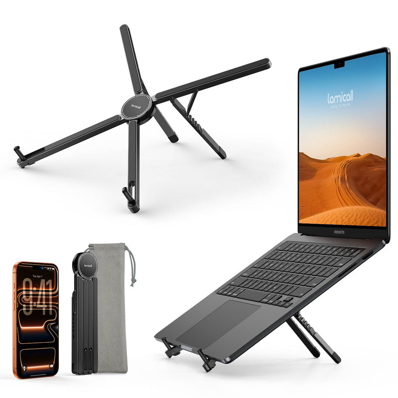 Lamicall Portable Laptop Stand for Desk & Travel 0.47in Ultra-Slim 10-15.6" | Foldable Aluminum Laptop Riser, Adjustable Computer Holder for Office Home College fit MacBook Neo Air HP Dell iPad Tablet Black