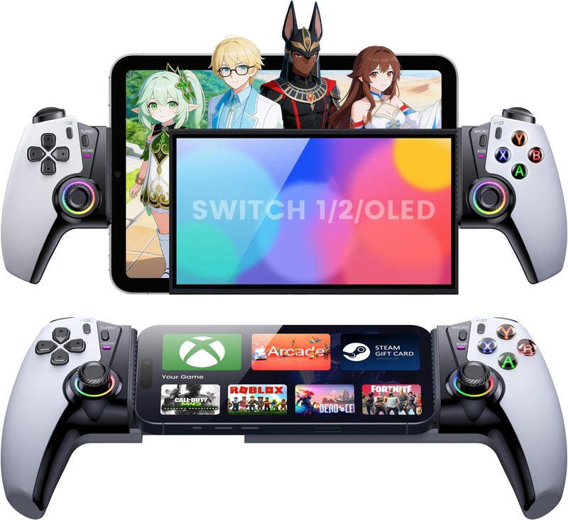 KICKDOT Mobile Gaming Controller with TMR Joysticks & Hall Triggers, No Drift Bluetooth Gamepad for iPhone (iOS)/Android/Switch 2/1/OLED - Wireless Controller for Xbox Cloud/Steam Link, RGB Light, Turbo Macro Back Buttons, Long Battery White