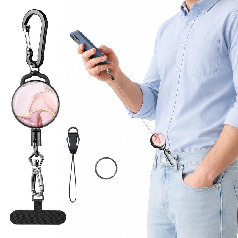 Retractable Phone Lanyard for Outdoor Activities, Anti-Drop Phone Tether, Perfect for Travel Skiing Hiking Concerts Pink Marble