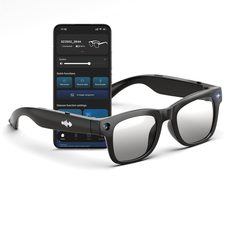 AI Smart Glasses with HD Camera, BT Call, 8MP Anti-Shake Camera Glasses with 1080P Video Recording Dual Mic, Simultaneous Interpretation/GPT Identify Objects, Photochromic Lens