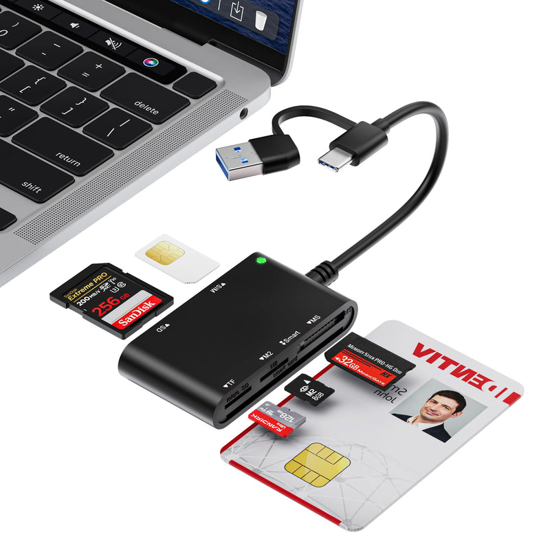 7 in 2 USB C/A SIM Card Adapter for iPhone,Smart Card Reader for Military CAC Military Card Reader,SD/TF/SIM/PIV/M2/IC/ID/MS Pro Duo Memory Card Reader for iPhone,iPad,Windows,Mac,Linux USB A/C SIM Reader