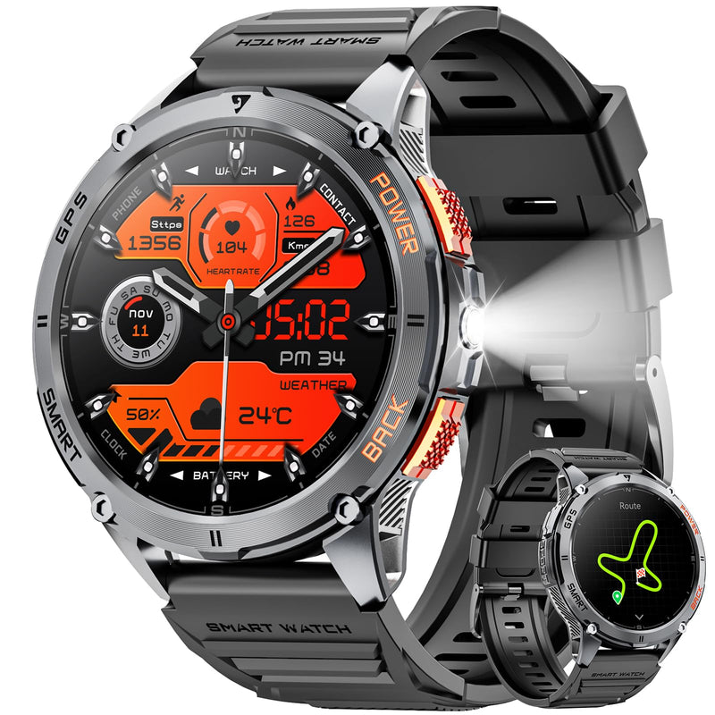 Military Smart Watches for Men with GPS, 1.43" AMOLED Bluetooth Call Smartwatch with LED Flashlight, Smart Watch for Android iOS, IP68 Waterproof Fitness Tracker with Heart Rate (Black) Black