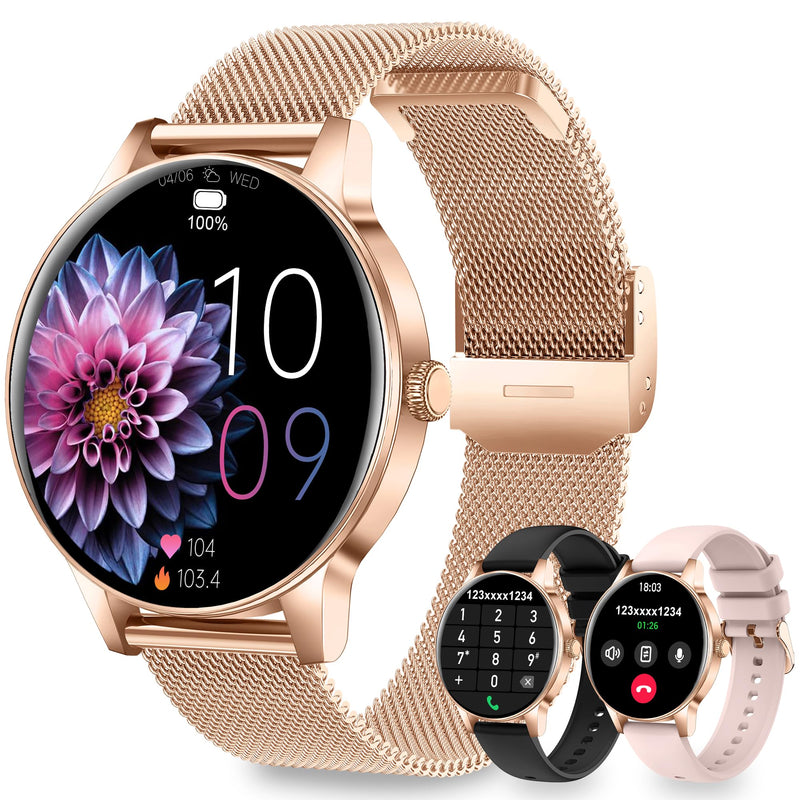 Smart Watches for Women, 1.27" HD Round 3 Bands Rosegold | Fitness Tracker for Android Phones & iPhones, Answer/Make Calls, Sleep Monitor, IP68 Waterproof, 110+ Sport Modes
