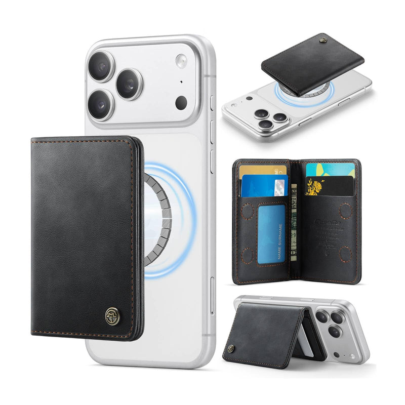 Magnetic Wallet Card Holder with RFID Protection, PU Leather Slim Wallet, Strong Magnet Attachment for iPhone 18/17/16/15/14/13/12 Series Pro Max Plus Mini-Black Black