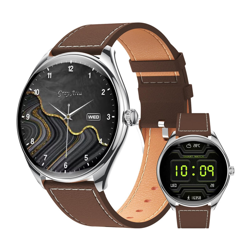 Smart Watches for Men, 1.43" AMOLED HD Screen 6.8mm Ultra Thin Men's Wrist Watches, Answer/Make Call for Android iPhone, Monitor Heart Rate Blood Oxygen Sleep Mens Leather Watch (Brown)