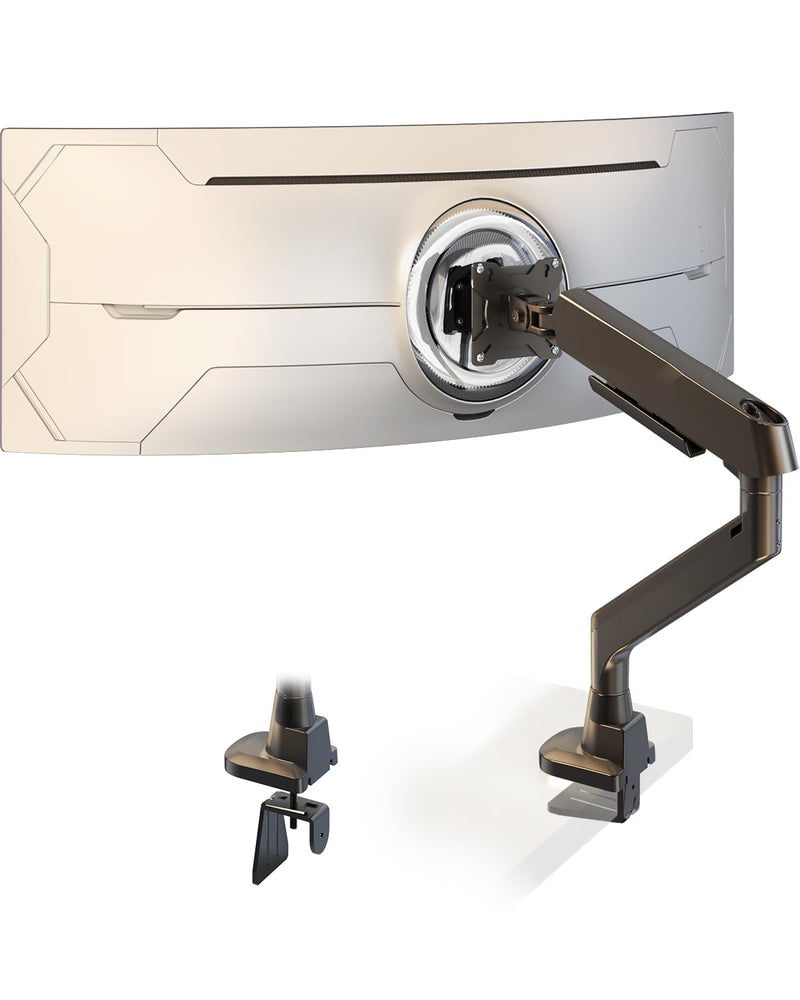 Ultrawide Monitor Arm fits 17-49 Inch Heavy Duty Flat/Curved Monitor | Cable Management, Full Motion, Gas Spring Arm, Holds 35.2 lbs with Clamp & Grommet Desk Mount, VESA 75/100mm, Black Single Arm