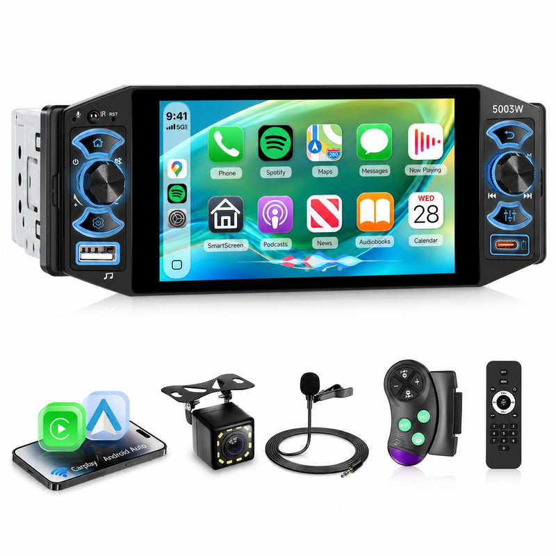 Rimoody 5 Inch Single Din Car Stereo with Wireless Carplay Android Auto | 1 Din Touch Screen Radio with Mirror link, Bluetooth 5.2, FM Radio, EQ, USB/Type-C/AUX/TF/SWC/DVR Backup Camera MP5 Player