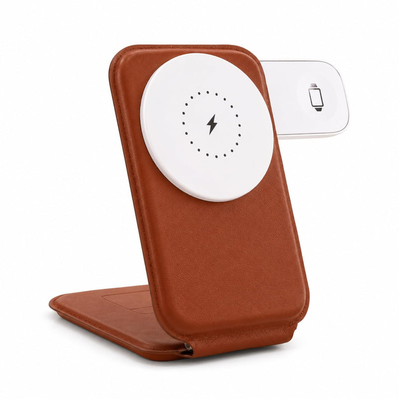 Trio 3-in-1 Wireless Charging Station for iPhone 12 and Newer, Apple Watch and AirPods, Foldable MagSafe-Compatible Charger Stand, Compact Leather-Look Travel Dock, Brown
