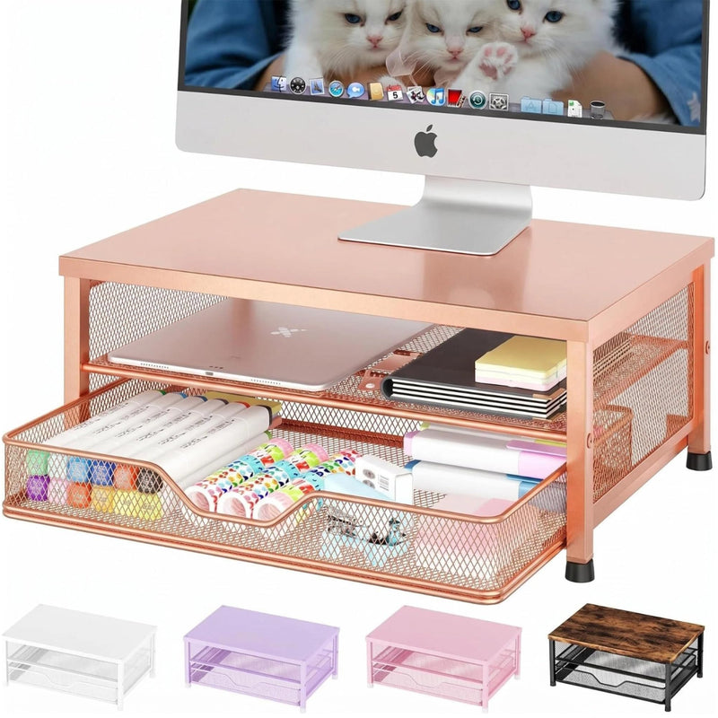 OPNICE Computer Monitor Stand Riser, Desk Organizer with Drawer, Printer & Laptop Stand, Office Desk Accessories & Workspace Desktop Organizers Storage for Office Supplies(Rose Gold) Rose Gold