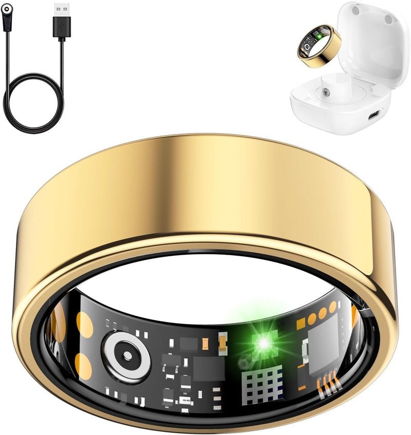 Smart Ring for Women Men, Fitness Ring with Heart Rate, Blood Oxygen,Stress, Sleep Tracker, Step Tracker, Fit Ring No Subscription Fee, IP68 Waterproof Smart Ring for iPhone & Android (Gold, 8#) Gold 8#