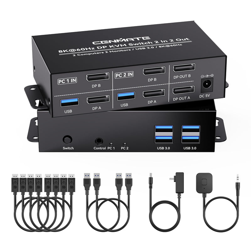 8K@60Hz Displayport KVM Switch 2 Monitors 2 Computers, with 4 USB 3.0 Ports for 2 Computers Sharing Dual Monitors Keyboard Mouse Printer with 4 DP Cables, 2 USB Cables, Power Adapter and Controller Inky black