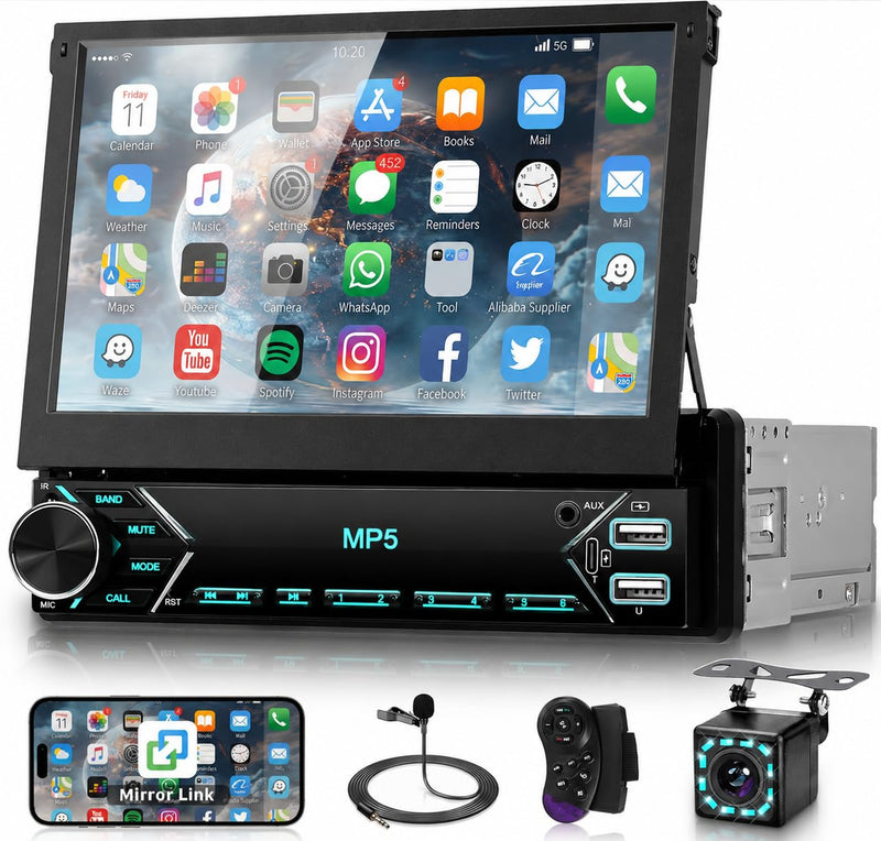 Single Din Flip Out Car Stereo Bluetooth 7 Inch Retractable Touch Screen Car Radio 1 Din Mirror Link/FM/EQ USB/Type-C/AUX SWC, Car Audio Receiver MP5 Multimedia Player with Backup Camera