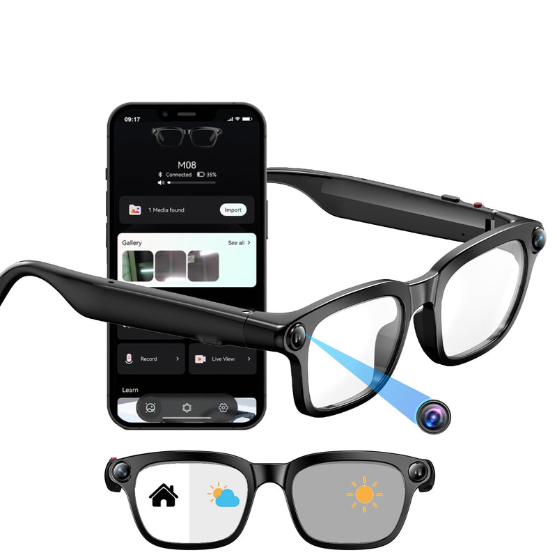 800W Ai Smart Glasses with Camera 1080P HD Video Recording, AI Translator for 160 Languages, GPT Object Recognition, Bluetooth Audio, Photochromic Lenses, 290mAh Long Battery for Travel Sports M08