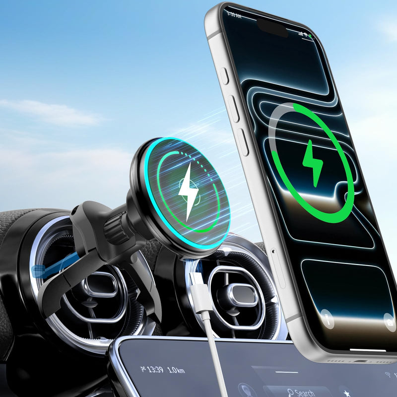 CloudValley 15W Charger Air Vent Car Mount for Mercedes Benz A/B/C/E/V/G/Class & Audi A1/A2/A3, Magnetic Wireless Charging Phone Holder for iPhone 17 Pro Max 16 15 14 13 12, Compatible with Magsafe Wireless Charging-Air Vent Car Mount