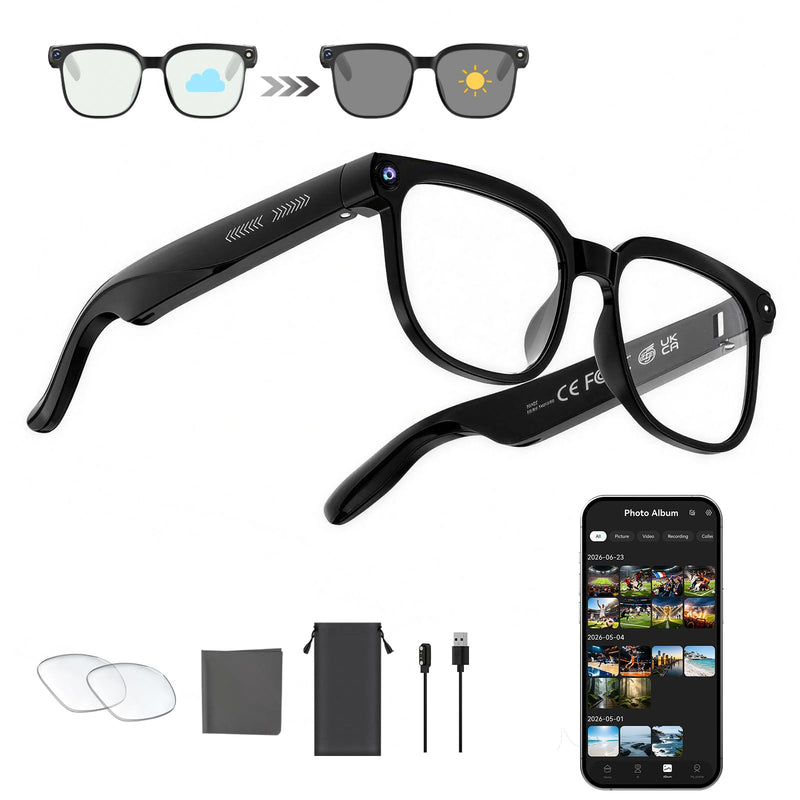 AI Smart Glasses with Camera,8MP Camera Glasses,4K HD Video Recording Glasses with AI Assistant,IP65 Waterproof Bluetooth,Replaceable Sunglasses with Photochromic Lens Eyeglass frame width 53mm