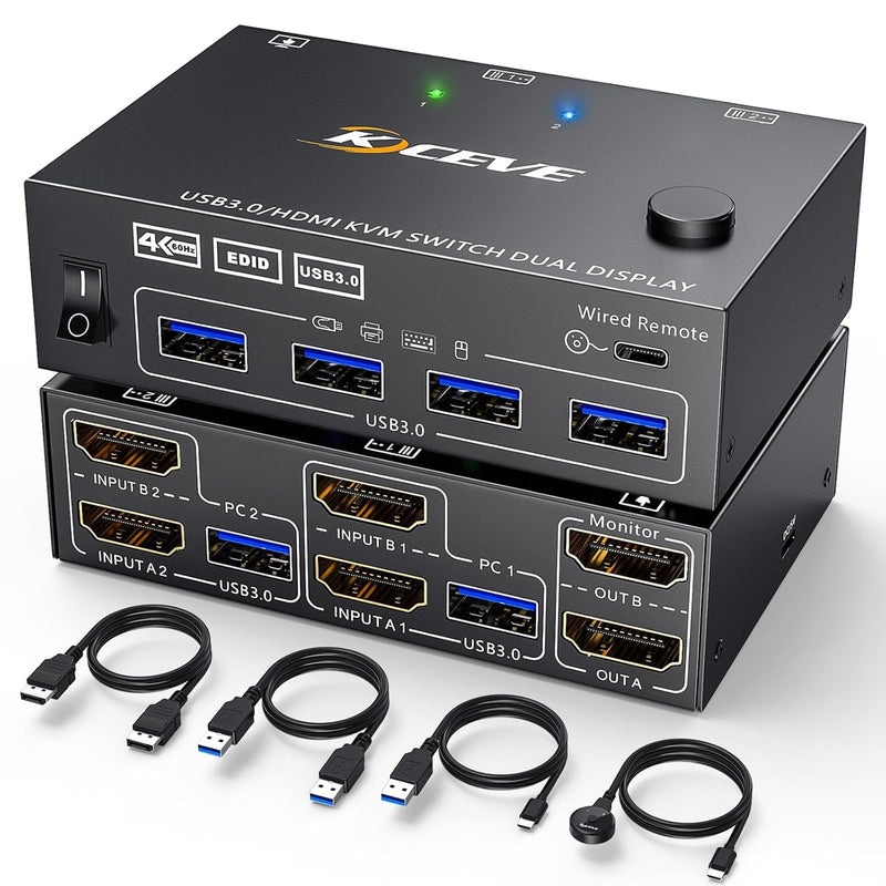 KVM Switch 2 Computers 2 Monitors for HDMI Device | Dual Monitor KVM Switcher USB 3.0 Version, 4K@60Hz 2 Monitors 2 PC KVM with EDID Function to Keep Window in Right Place Black 10.18 CM KVM switch for 2 monitors 2 PC