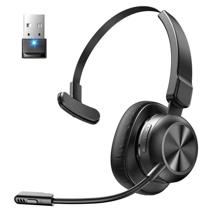 Trucker Bluetooth Headset, Wireless Headset with Microphone | USB Dongle, On Ear Bluetooth Headphones with AI Noise Cancelling 50H Playback Mute Button for Truck Driver Office Work, Black