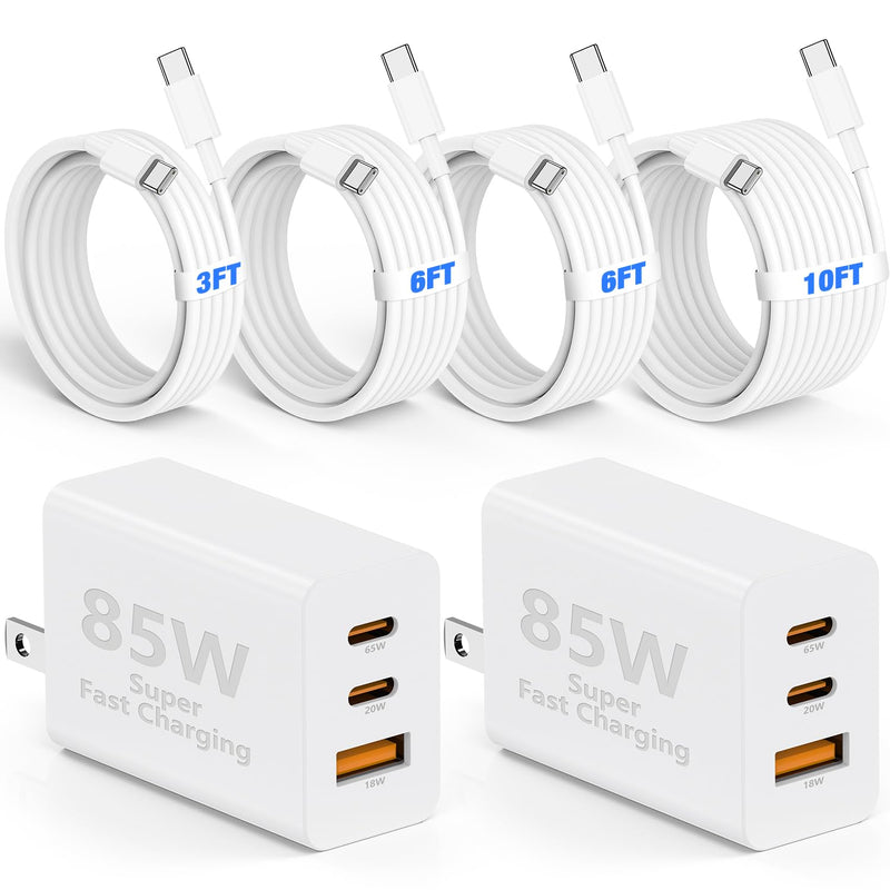 85W USB C Charger for iPhone 17 16 15 Pro Max,3-Port PD 3.0 GaN | Fast Charging Block with 3/6/6/10 Ft USB C Cable for iPhone 17/16/15,MacBook Pro/Air,iPad Pro,Galaxy S26 S25 Ultra,Android White 2Pack 3+6+6+10Feet