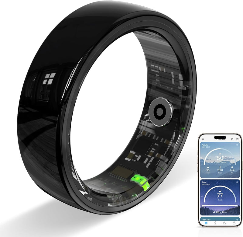 Ceramic Smart Ring Health & Fitness Tracker for Men & Women(Black, #7) | Heart Rate & Sleep & Activity Monitoring, Long Lasting Battery, IP68 Waterproof Ring for iOS & Android, No Subscription Fee Black