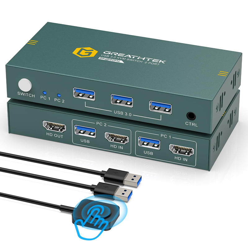 Greathek 8K@60HZ HDMI KVM Switch 2 Computers 1 Monitor | 2 Port USB 3.0 KVM Switch Share Keyboard&Mouse|EDID Adaptive|Wired Remote Controller|Home Office / Gaming Setup Navy Blue