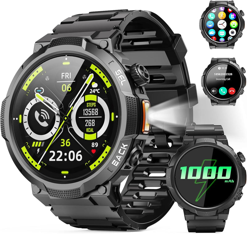 Smart Watches for Men (Answer/Make Call), 1.53" HD Military Smartwatch, 50+ Days Extra-Long Battery Life Fitness Tracker, Flashlight/110+Sports/Heart Rate/Sleep Monitor/IP68 Waterproof Android iOS