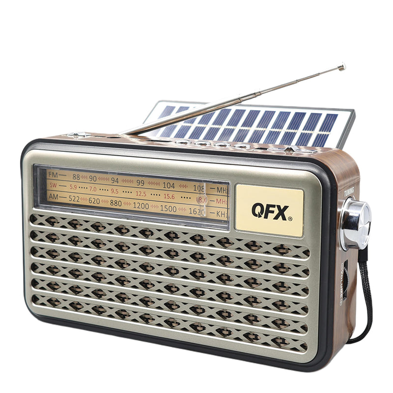 QFX Solar Rechargeable AM FM SW Bluetooth Emergency Radio, RETRO-15 | LED Flashlight, Phone Charger, USB/TF MP3 Player, Telescopic Antenna, Battery Operated