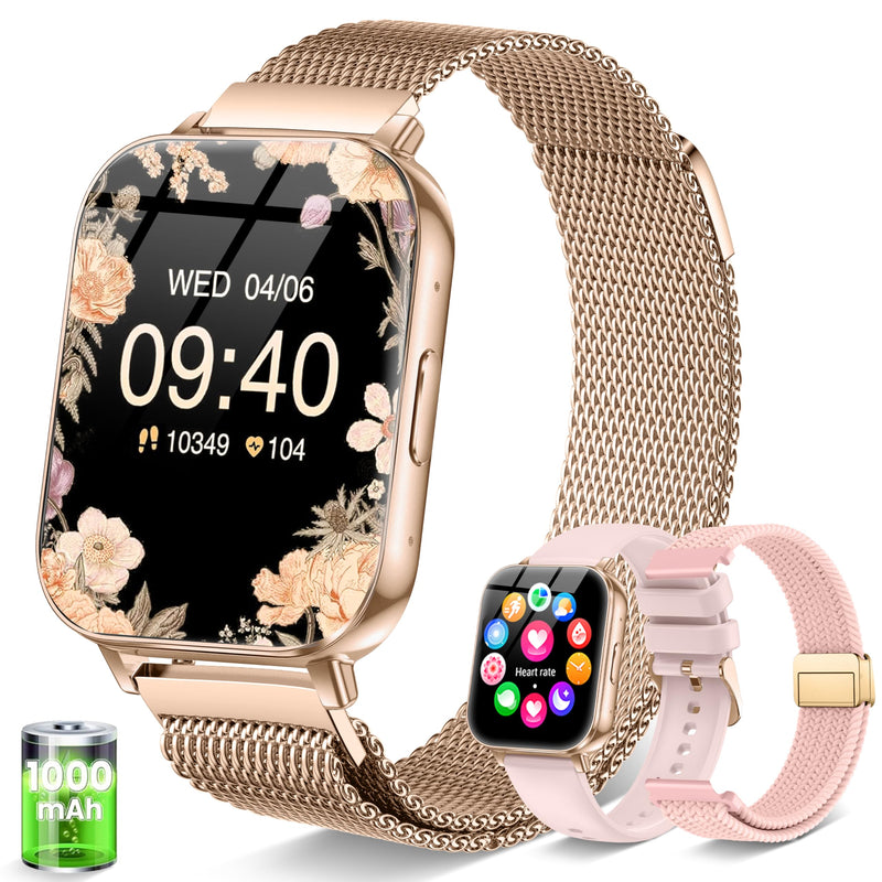 Smart Watch for Women 1000mAh with 3 Band Compatible iPhone & Android 44MM | 30+ Day Battery Life Make/Answer Call with Heart Rate/SpO2/Sleep Monitor, 120+Sport Mode Waterproof Fitness Tracker,Rose Gold Rose Gold 44 MM