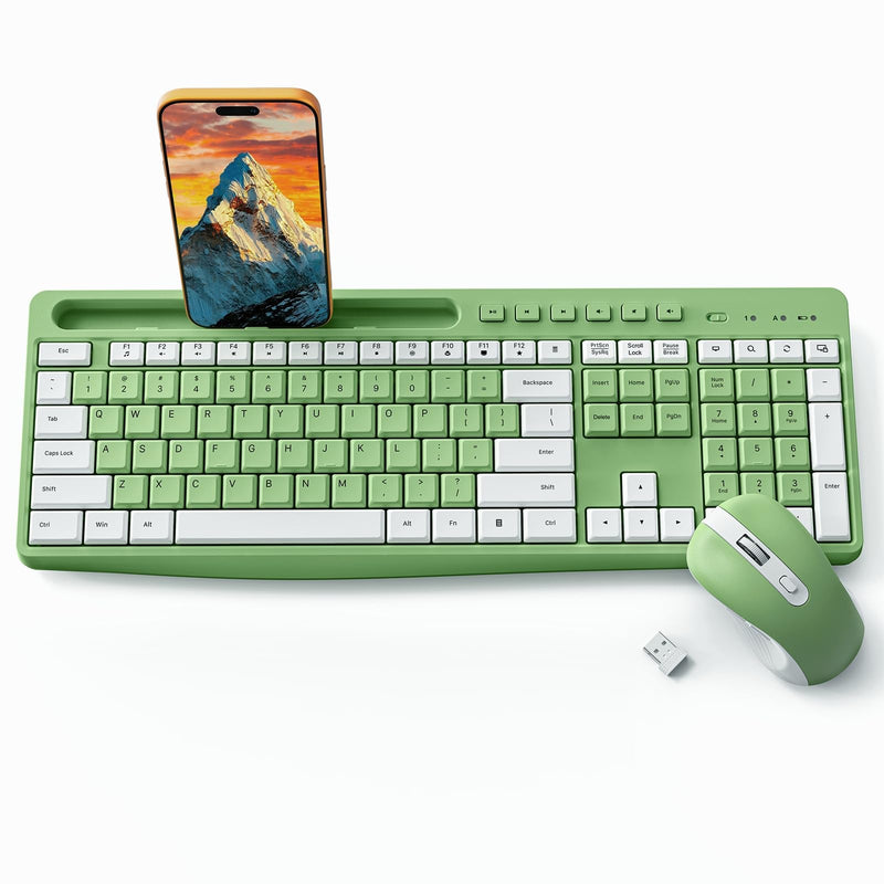 Green Wireless Keyboard and Mouse Combo with Phone Holder, 2.4G Quiet Keys | Silent Keyboard, 3-Level DPI Quiet Mouse, 12 Hotkeys, Full Size, Ergonomic for Office/Home/Work, For Windows PC Laptop, WK210 Green