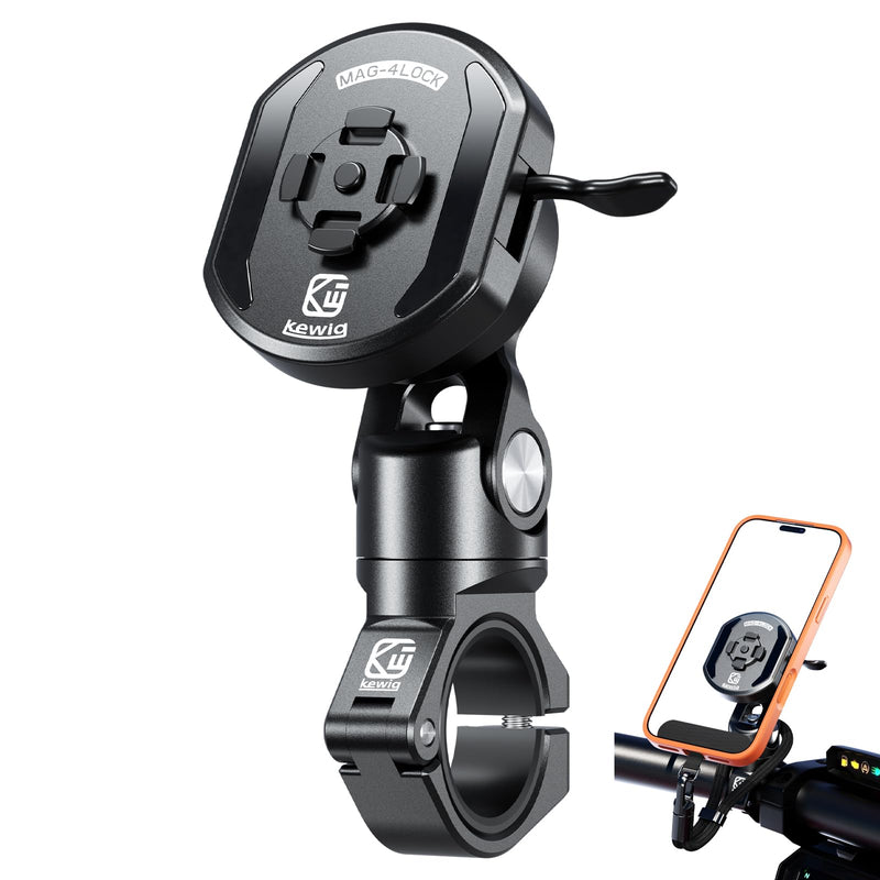 Kewig Aluminum Alloy Motorcycle Magnetic Phone Mount with Magnetic 4-Lock‌ | Vibration Dampener, 1s Auto Lock Bike Phone Holder with Metal Arm & Mounting Base, for 0.87"/1"/1.125"/1.26" Handlebar Short Arm