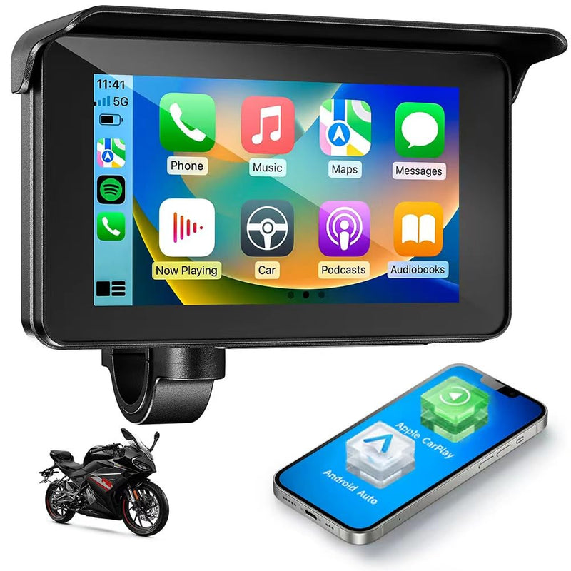 Motorcycle Carplay Screen with Wireless Apple Carplay & Android Auto, 5" Portable IP67 Waterproof Touchscreen Carplay GPS Navigation for Motor, Dual Bluetooth, Voice Control & Siri/Google Assistant
