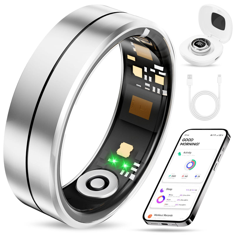Fvtga Smart Ring for Women Men, Health Tracker with Digital Charging Case, 24/7 Heart Rate SpO2 Sleep Stress Monitoring, IP68 Waterproof Fitness Ring, No Subscription Fee, iOS Android(Silver, 11) Silver