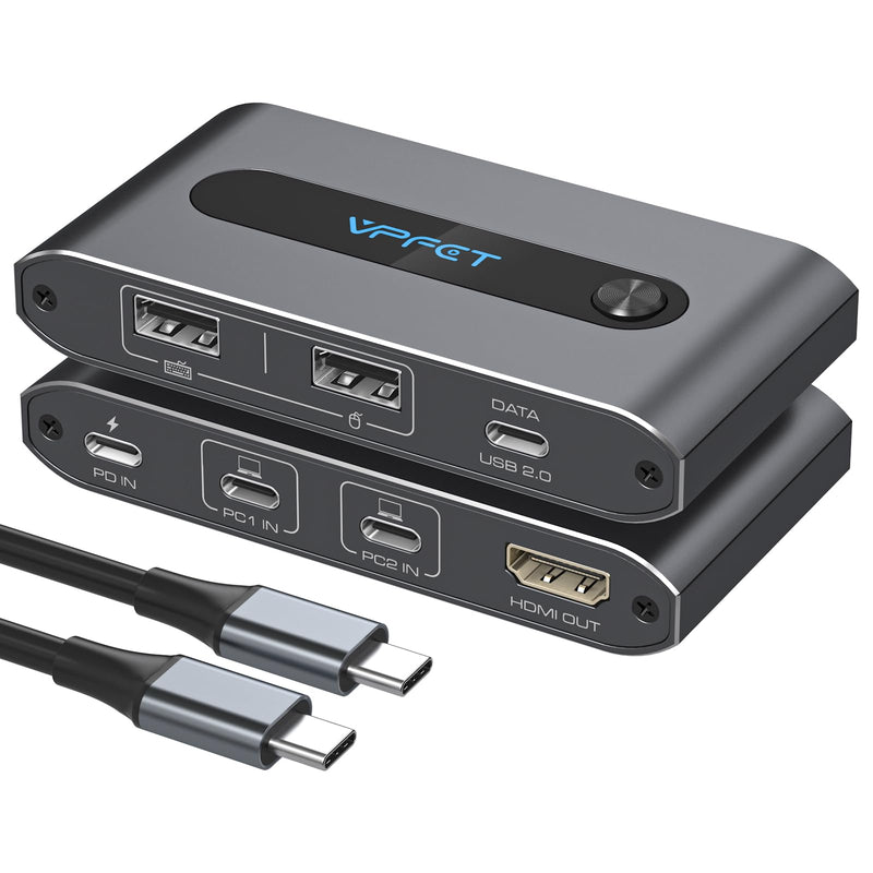 USB C KVM Switch 1 Monitors 2 Laptop 4K@60Hz HDMI KVM Switch 2 Port Share 1 Monitor Keyboard Mouse Hard Drives Printer Support 100W Charging for Laptop Gray