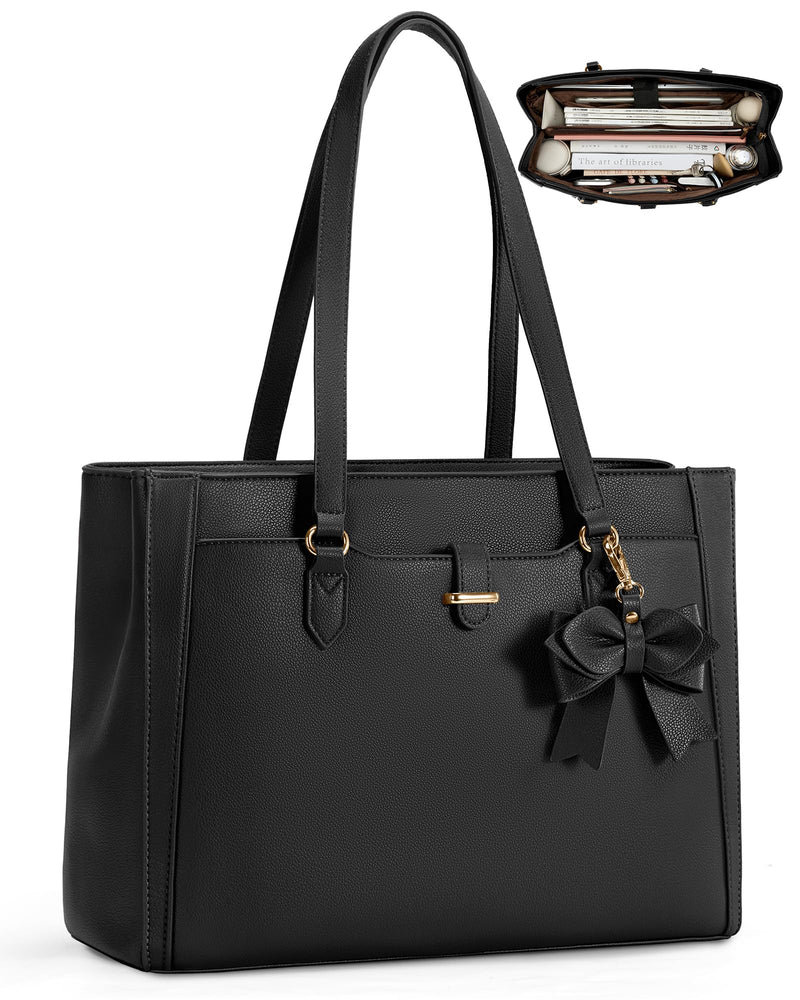 RAINSMORE 15.6" Laptop Tote Bag for Women, Black | Large Capacity Work Bag, Water-Resistant Soft PU Leather, 15.6 Inch Computer Briefcase Handbag for Office College Teacher