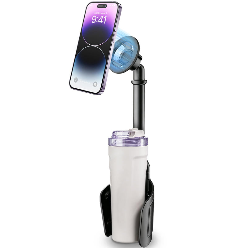 Magnetic Cup Holder Phone Mount for Car, 2 in 1 One-Hand Operation Adjustable Vehicle Cupholder Expander Phone Holder, Compatible with iPhone Android Smartphones