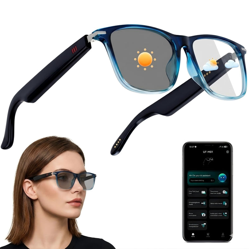 AI Smart Glasses for Men & Women, Bluetooth Smart Glasses with 165+ Languages, Photochromic Lenses, AI Assistant, Touch Control & IPX5 Water-Resistant for Travel & Work(Blue) Blue-AI