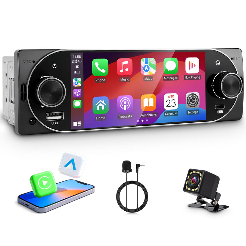 Single Din Car Radio with Apple CarPlay, Backup Camera，External Mic,Single Din Touchscreen Radio Supports Android Auto, Bluetooth, Dual Physical Knobs,SWC, EQ, FM Radio (Black) Black