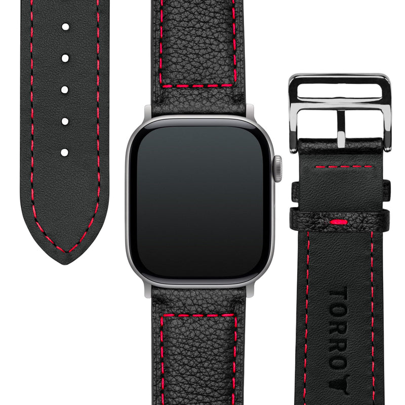 TORRO Leather Watch Strap Compatible with Apple Watch (All Series, SE and Ultra) – Genuine Leather Watch Band with Stainless Steel Buckle Black with Red Detail 42mm, 44mm, 45mm, and 49mm