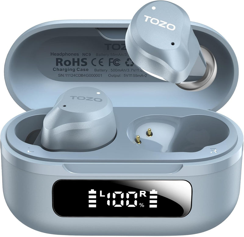 TOZO NC9 Hybrid Active Noise Cancelling Wireless Earbuds, 60H, LED Display | 6 Mic ENC Clear Calls, Deep Bass Sound, IPX8, in Ear Bluetooth 5.3 Headphones,32 EQs via APP,Comfort Fit Ear Buds,Light Blue Dusty Blue