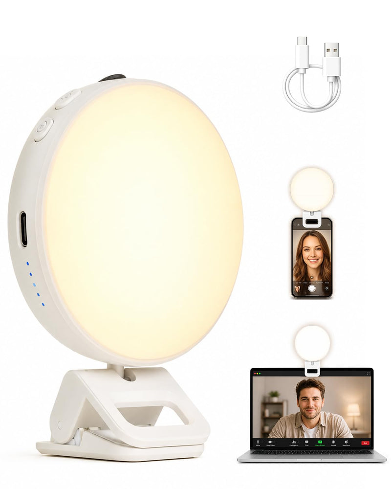 Viozon Selfie Light for iPhone Laptop, 3" Compact Clip on LED Phone Light with 360° Rotation, 1000mAh Type-C Rechargeable Zoom Meeting Light, 36H Runtime, Stepless Dimming 2800K-6500K, White