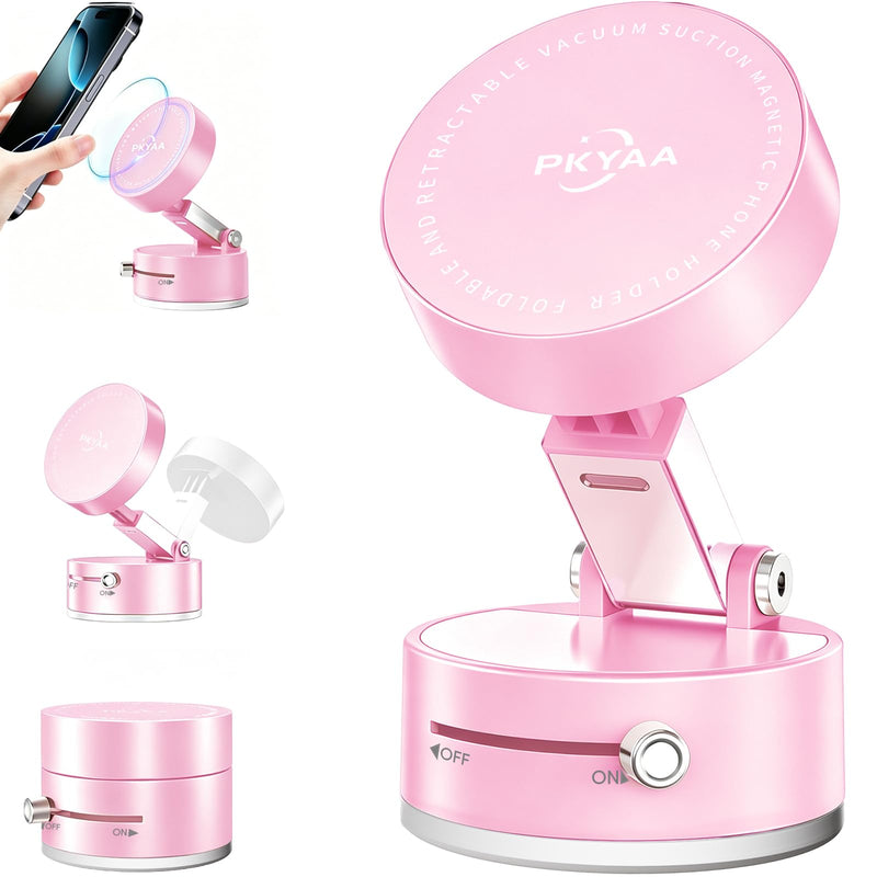 PKYAA 2026 Upgraded Foldable and Retractable Magnetic Mount, Vacuum Suction Magnetic Phone Holder, A Movable Vacuum Suction Cup Car Phone Stand for Cars/Gyms/Mirrors/Smooth Surface (Pink) Pink